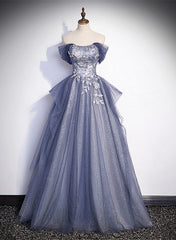 Wedding Photography, Blue-Grey Long A-line Off Shoulder Party Dress, New A-line Prom Dress Evening Dress