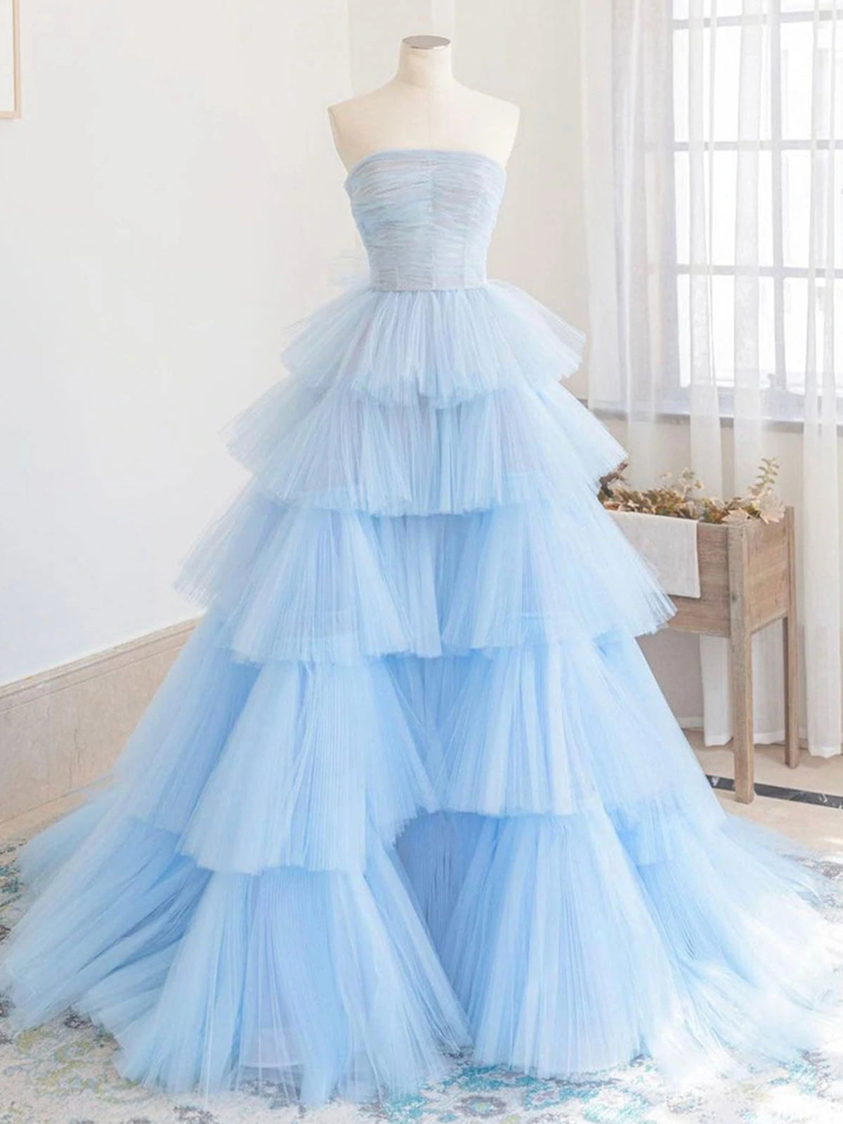 Off Shoulder Dress, Blue High Low Tulle Prom Dresses, Blue Tulle High Low Formal Graduation Dresses