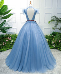 2036 Prom Dress, Blue High Neck Tulle Blue Long Prom Dress, Blue Evening Dress