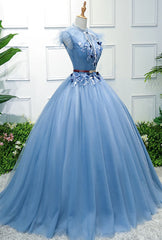 Evening Dress, Blue High Neck Tulle Blue Long Prom Dress, Blue Evening Dress