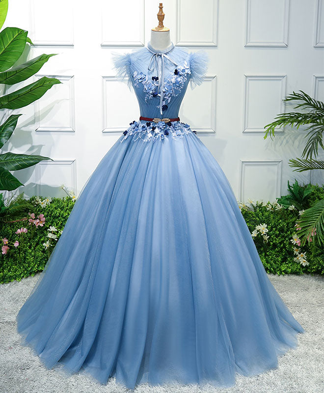 Princess Dress, Blue High Neck Tulle Blue Long Prom Dress, Blue Evening Dress