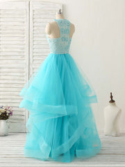 Boho Dress, Blue High Neck Tulle Long Prom Dress Blue Evening Dress