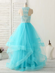 Formal, Blue High Neck Tulle Long Prom Dress Blue Evening Dress