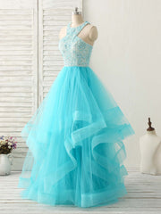 Short Formal Dress, Blue High Neck Tulle Long Prom Dress Blue Evening Dress