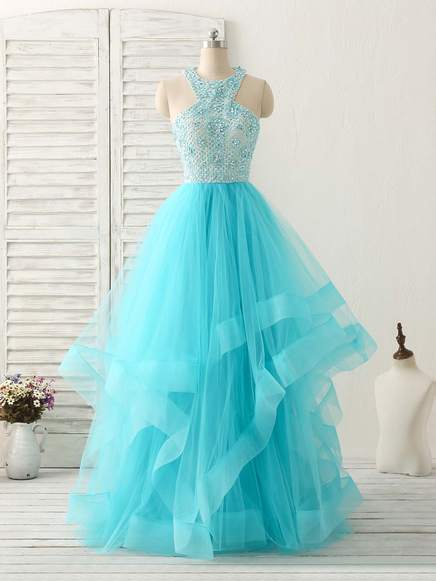 Semi Formal Outfit, Blue High Neck Tulle Long Prom Dress Blue Evening Dress