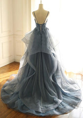 Party Dresses For Babies, Blue Lace Top with Layers Tulle Prom Dress, New Straps Evening Gown