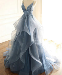 Party Dress Baby, Blue Lace Top with Layers Tulle Prom Dress, New Straps Evening Gown