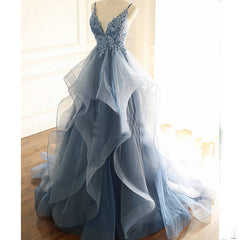 Casual Dress, Blue Lace Top with Layers Tulle Prom Dress, New Straps Evening Gown