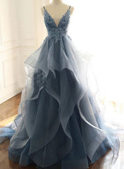 Party Dress For Baby, Blue Lace Top with Layers Tulle Prom Dress, New Straps Evening Gown