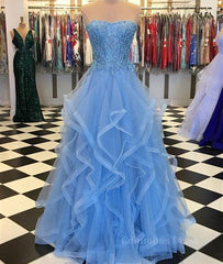 Bridesmaids Dress Trends, Blue Lace Tulle Long Prom Dresses, Blue Lace Ball Gown, Blue Lace Formal Dresses, Evening Dresses