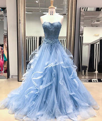 Bridesmaid Dresses Trends, Blue Lace Tulle Long Prom Dresses, Blue Lace Ball Gown, Blue Lace Formal Dresses, Evening Dresses