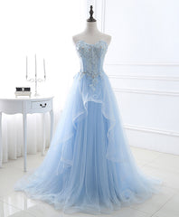 Flowy Prom Dress, Blue Long Prom Dresses, Aline Sweetheart Neck Blue Formal Graduation Dresses