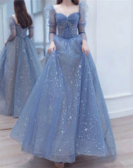 Bridesmaids Dresses Different Styles, Blue Long Sleeves Sweetheart Beaded Tulle Formal Dress, Blue A-line Prom Dress