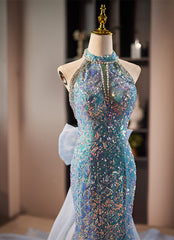 Purple Prom Dress, Blue Mermaid Sequins Halter Long Party Dress with Bow, Blue Sequins Prom Dress