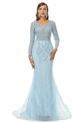 Salad Dress Recipes, Neckline Long Sleeve Mermaid Lace Pattern Tulle Beading Prom Dresses