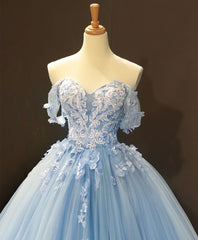Prom Dress With Tulle, Blue Off Shoulder Tulle Lace Long Prom Dress, Blue Formal Ball Gown Evening Dress