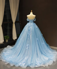 Prom Dresses Champagne, Blue Off Shoulder Tulle Lace Long Prom Dress, Blue Formal Ball Gown Evening Dress