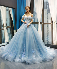 Prom Dresses Ball Gown Elegant, Blue Off Shoulder Tulle Lace Long Prom Dress, Blue Formal Ball Gown Evening Dress