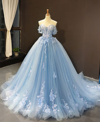 Prom Dresses Country, Blue Off Shoulder Tulle Lace Long Prom Dress, Blue Formal Ball Gown Evening Dress