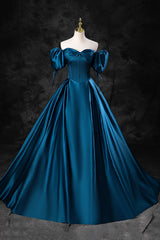 Prom Dresses Princess Style, Blue Off the Shoulder Satin Floor Length Prom Dress with Corset, Blue Evening Party Dress