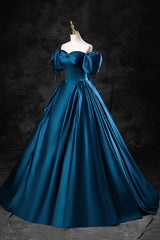 Prom Dress Princess Style, Blue Off the Shoulder Satin Floor Length Prom Dress with Corset, Blue Evening Party Dress