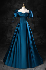 Prom Dress Size 23, Blue Off the Shoulder Satin Floor Length Prom Dress with Corset, Blue Evening Party Dress