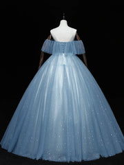 Long Dress Design, Blue Off-the-Shoulder Sequin Tulle Lace Sleeveless Lone Prom Dresses,Sweet 16 Gown