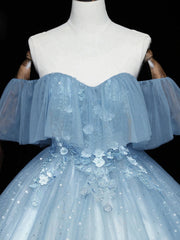 Homecoming Dresses Long, Blue Off-the-Shoulder Sequin Tulle Lace Sleeveless Lone Prom Dresses,Sweet 16 Gown