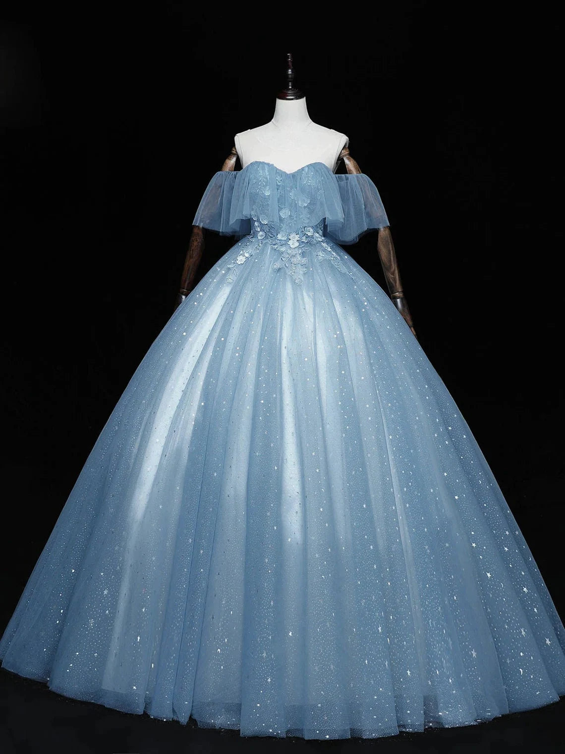 Ballgown, Blue Off-the-Shoulder Sequin Tulle Lace Sleeveless Lone Prom Dresses,Sweet 16 Gown
