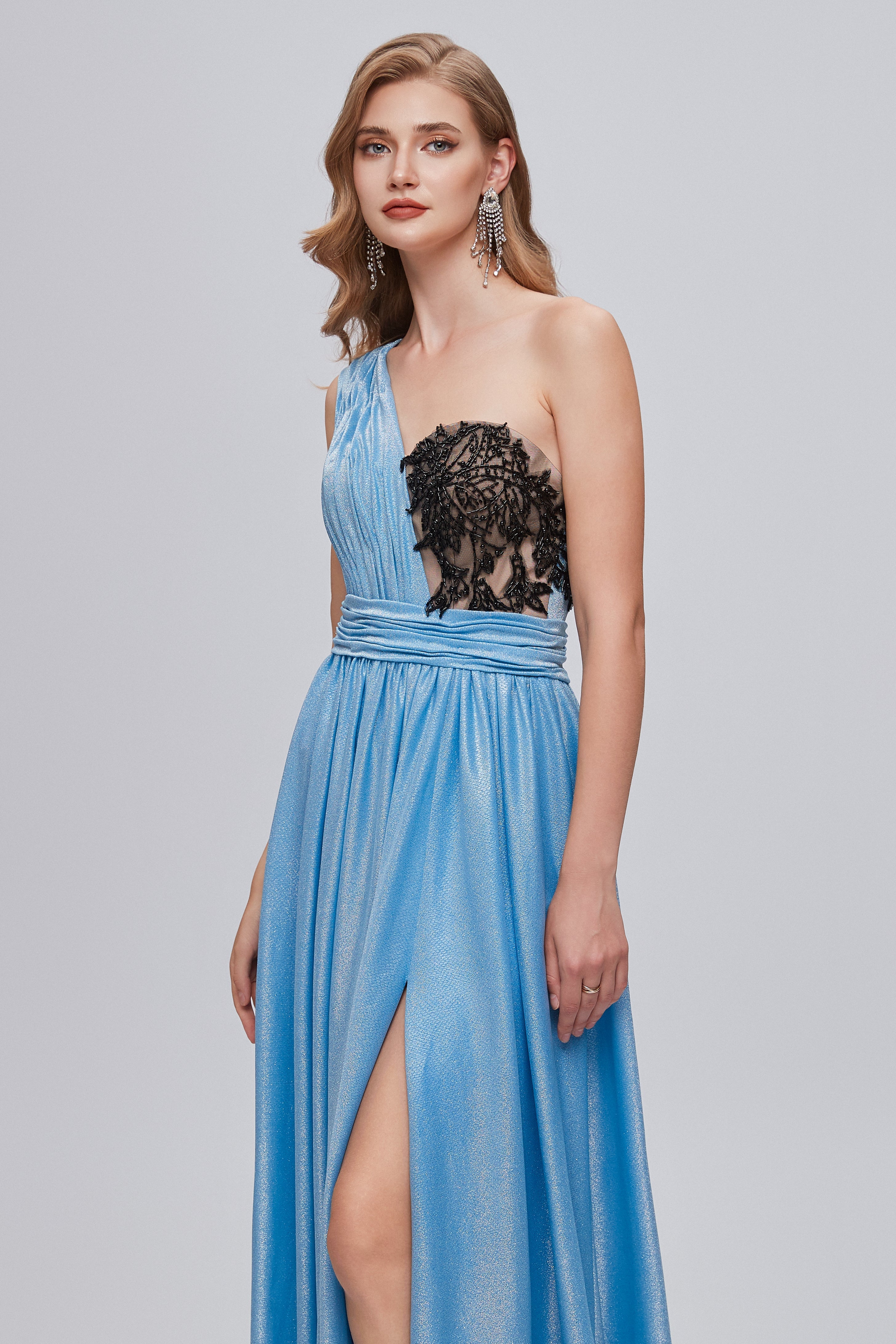 Formal Dresses For Ladies Over 76, Blue One Shoulder Ruched Long Prom Dresses with Applique