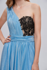 Light Blue Dress, Blue One Shoulder Ruched Long Prom Dresses with Applique