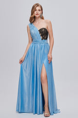 Ruffle Dress, Blue One Shoulder Ruched Long Prom Dresses with Applique
