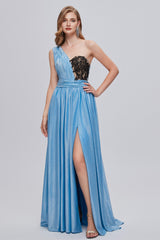 Long Gown, Blue One Shoulder Ruched Long Prom Dresses with Applique