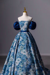 Evening Dresses Ball Gown, Blue Printed Long A-Line Prom Dress, Blue Off the Shoulder Formal Evening Dress