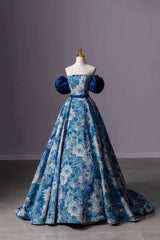 Evenning Dresses Short, Blue Printed Long A-Line Prom Dress, Blue Off the Shoulder Formal Evening Dress