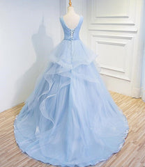 Formal Dresses Over 58, Blue Prom Dresses V-neck Ball Gown Sweep Train Party Dress, Sweet 16 Gown