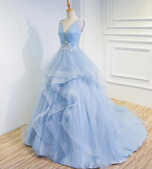 Formal Dresses For Large Ladies, Blue Prom Dresses V-neck Ball Gown Sweep Train Party Dress, Sweet 16 Gown