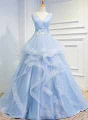 Formal Dresses Wedding Guest, Blue Prom Dresses V-neck Ball Gown Sweep Train Party Dress, Sweet 16 Gown