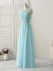 Formal Dresses For Middle School, Blue Round Neck Lace Chiffon Long Prom Dress, Blue Long Formal Dresses