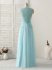 Formal Dress Off The Shoulder, Blue Round Neck Lace Chiffon Long Prom Dress, Blue Long Formal Dresses