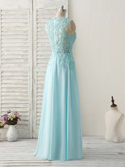 Formal Dresses For 25 Year Olds, Blue Round Neck Lace Chiffon Long Prom Dress, Blue Long Formal Dresses