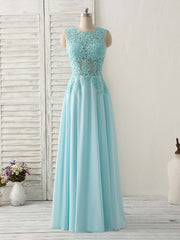 Formal Dresses Long Sleeves, Blue Round Neck Lace Chiffon Long Prom Dress, Blue Long Formal Dresses