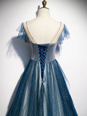 Formal Dresses For Ladies Over 61, Blue Round Neck Tulle Beads Long Prom Dress, Blue Evening Dress