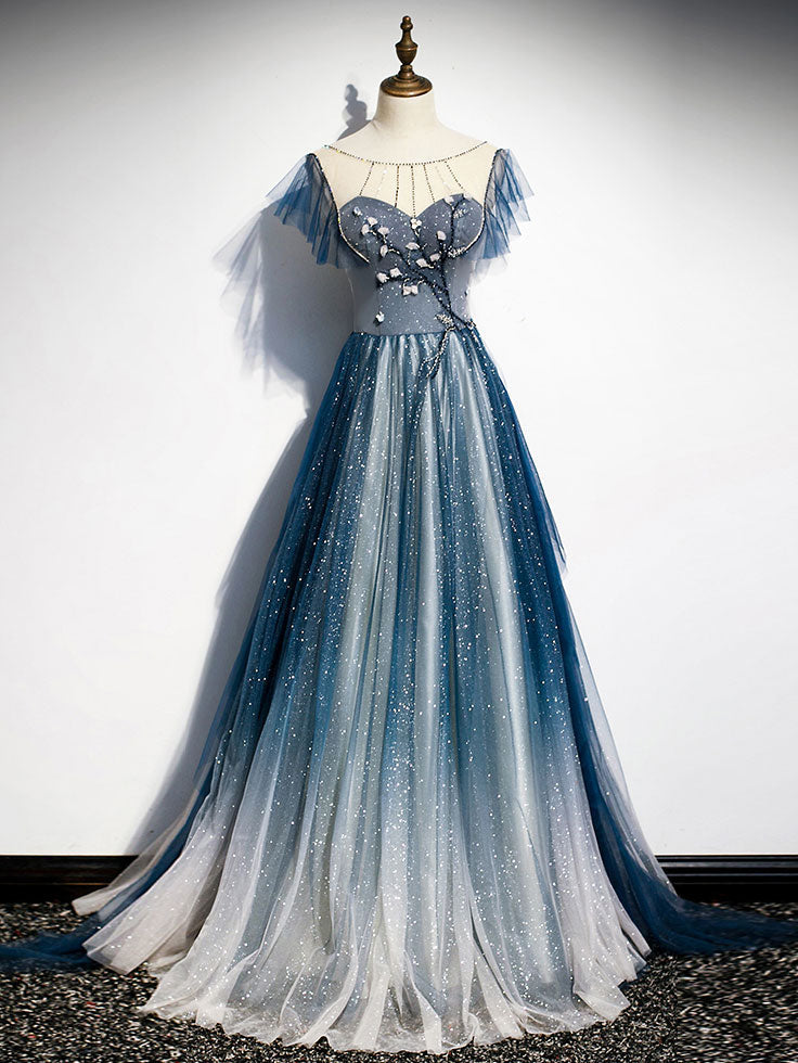 Chiffon Dress, Blue Round Neck Tulle Beads Long Prom Dress, Blue Evening Dress