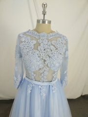 Prom Dresses For Blondes, Blue Round Neck Tulle Lace Long Prom Dress, Blue Tulle Lace Evening Dress