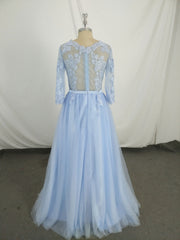 Prom Dress Corset, Blue Round Neck Tulle Lace Long Prom Dress, Blue Tulle Lace Evening Dress