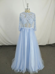 Prom Dresses 2025, Blue Round Neck Tulle Lace Long Prom Dress, Blue Tulle Lace Evening Dress