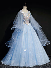 Bridesmaid Dress Lavender, Blue Round Neck Tulle Lace Long Prom Dresses, Blue Sweet 16 Dresses