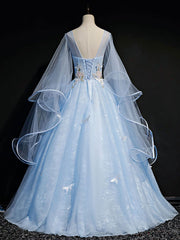Bridesmaid Dressese Lavender, Blue Round Neck Tulle Lace Long Prom Dresses, Blue Sweet 16 Dresses