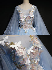 Bridesmaids Dresses Lavender, Blue Round Neck Tulle Lace Long Prom Dresses, Blue Sweet 16 Dresses